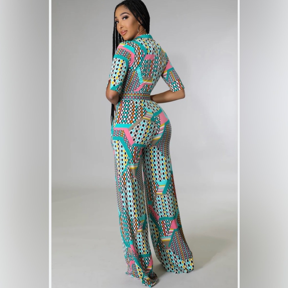 LORAGAL Teal Geometric Wide-Leg Jumpsuit with Pink Accents - Picture 7 of 7